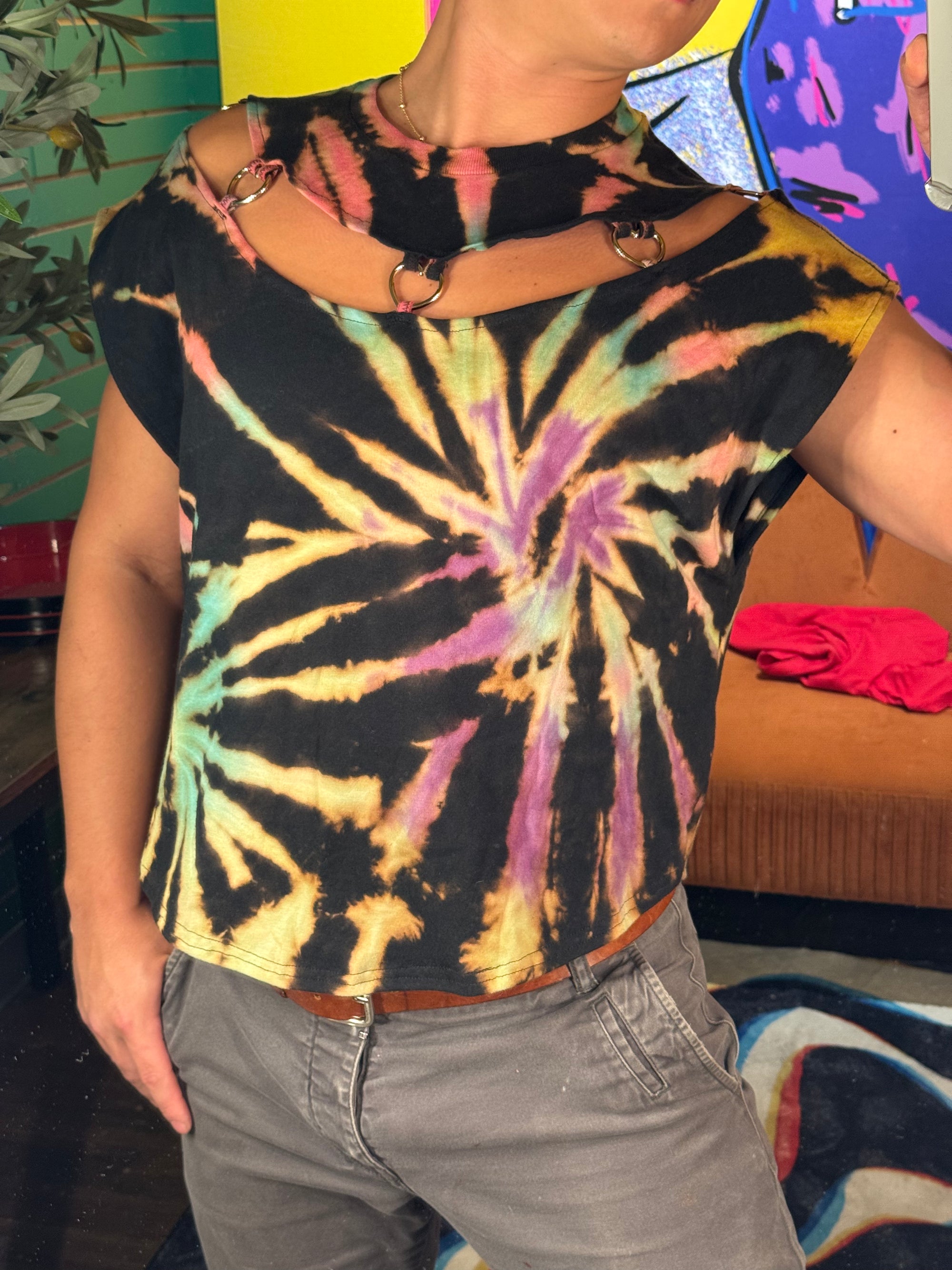 Qt Custom Tie Dye Crop with Cut-out and Heart Ring Details